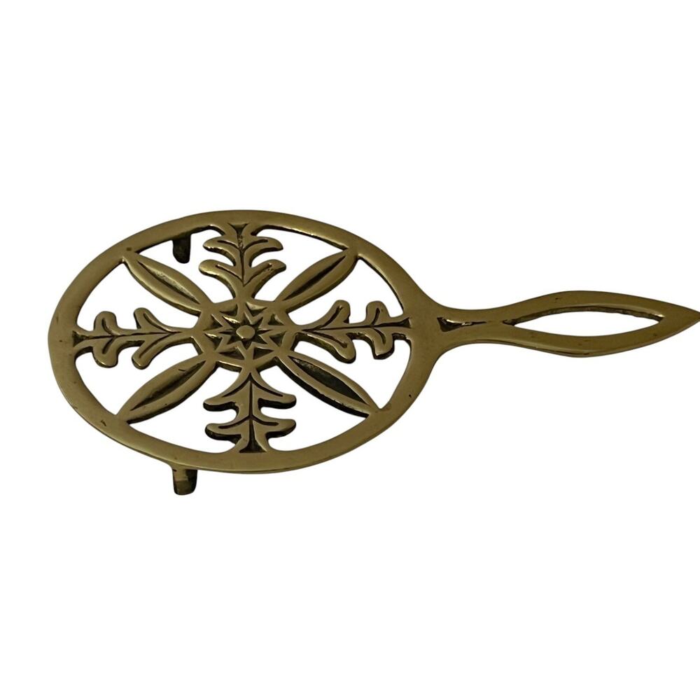 Vintage Brass Trivet Made in Korea Ornate Scroll Design 7 inch Gold Tone